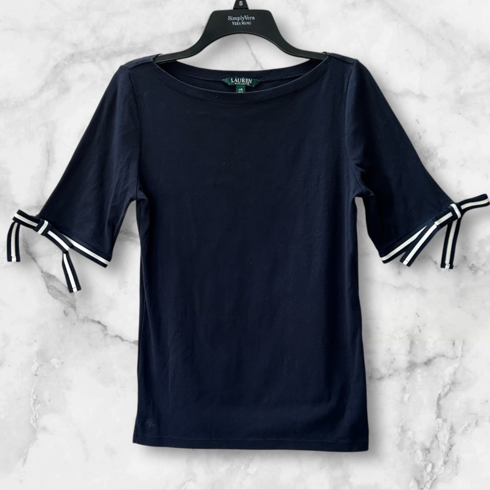 Lauren Ralph Lauren Navy Blue Top White Ribbon Tie Accents Short Sleeve Size L - Picture 3 of 14